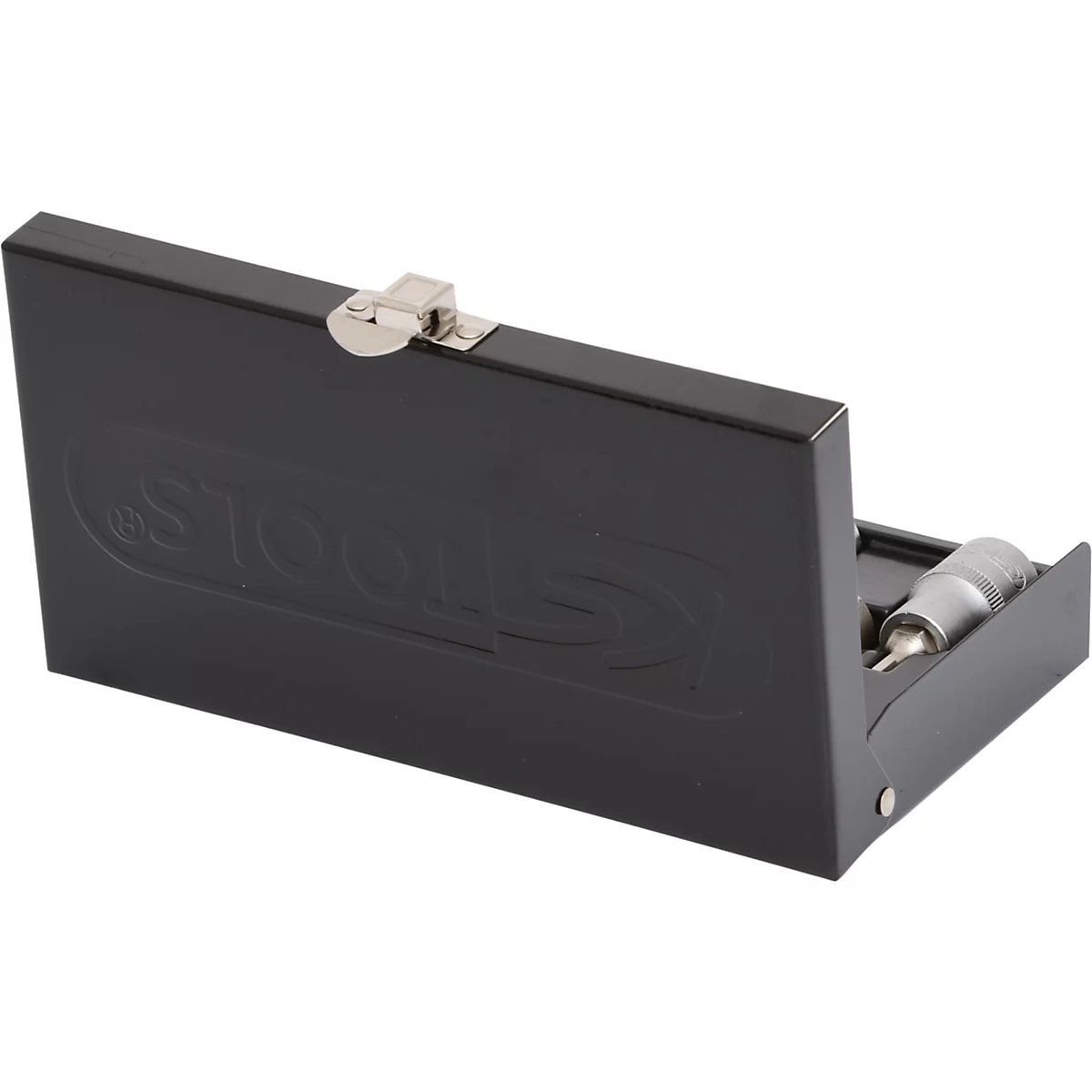 Schwarzer Werkzeugkasten, halb geöffnet, mit einem Werkzeug darin.